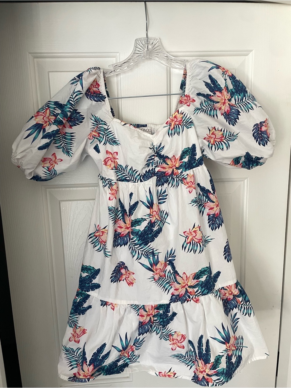 White Floral Puff-Sleeve Mini Dress